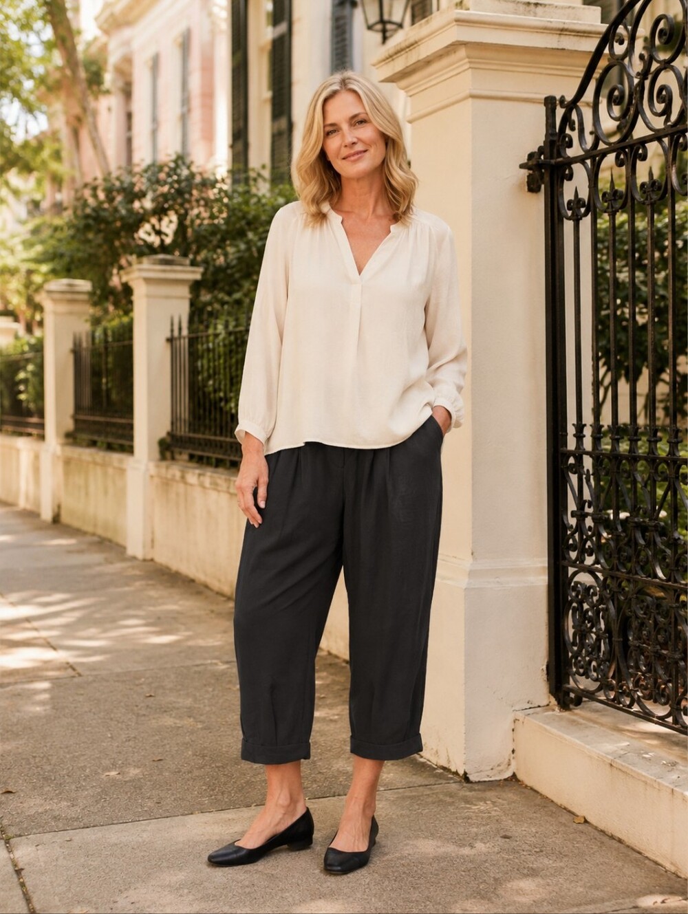 Eileen Fisher black silk crop ankle button trousers